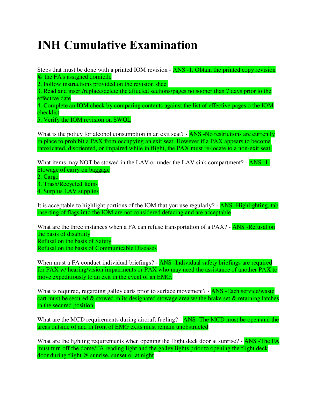 Preview image for INH Examination / With Complete Solutions